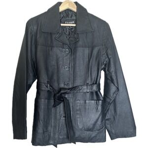 FOCUS + Y2K Belted Leather Jacket Womens Sz M Styled In Italy‎ Mid Length Grunge